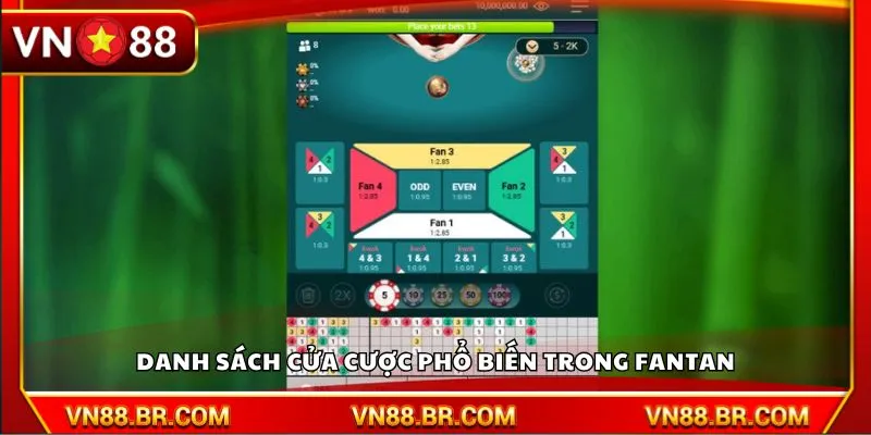 Danh sách cửa cược phổ biến trong Fantan